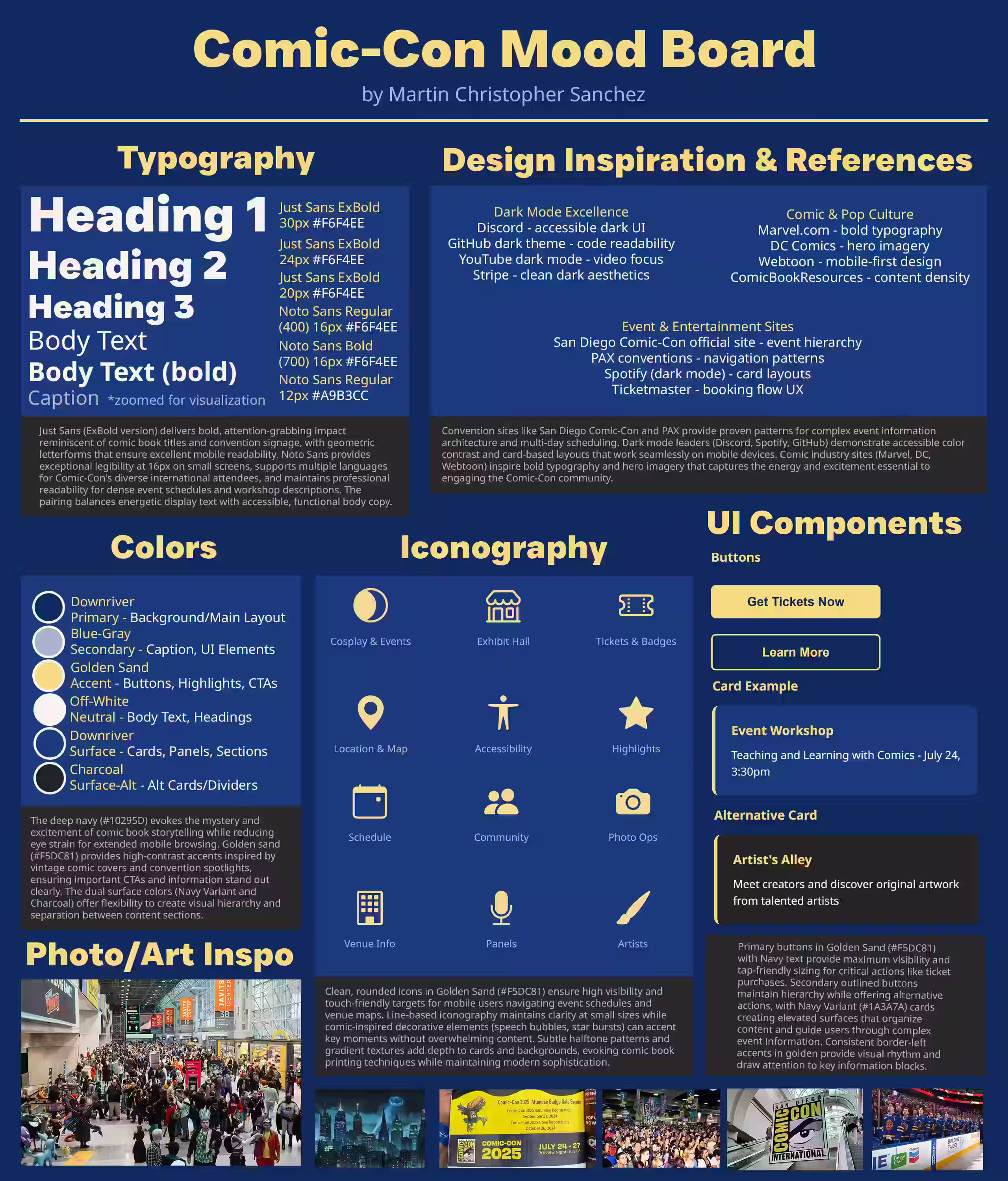 Comic-Con redesign moodboard — colour palette, typography, and visual direction references