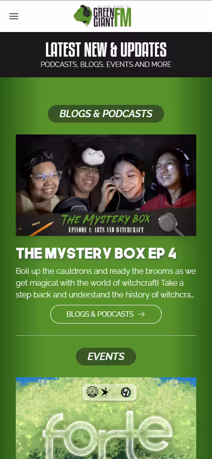 Green Giant FM website — mobile view of successor design after directorship